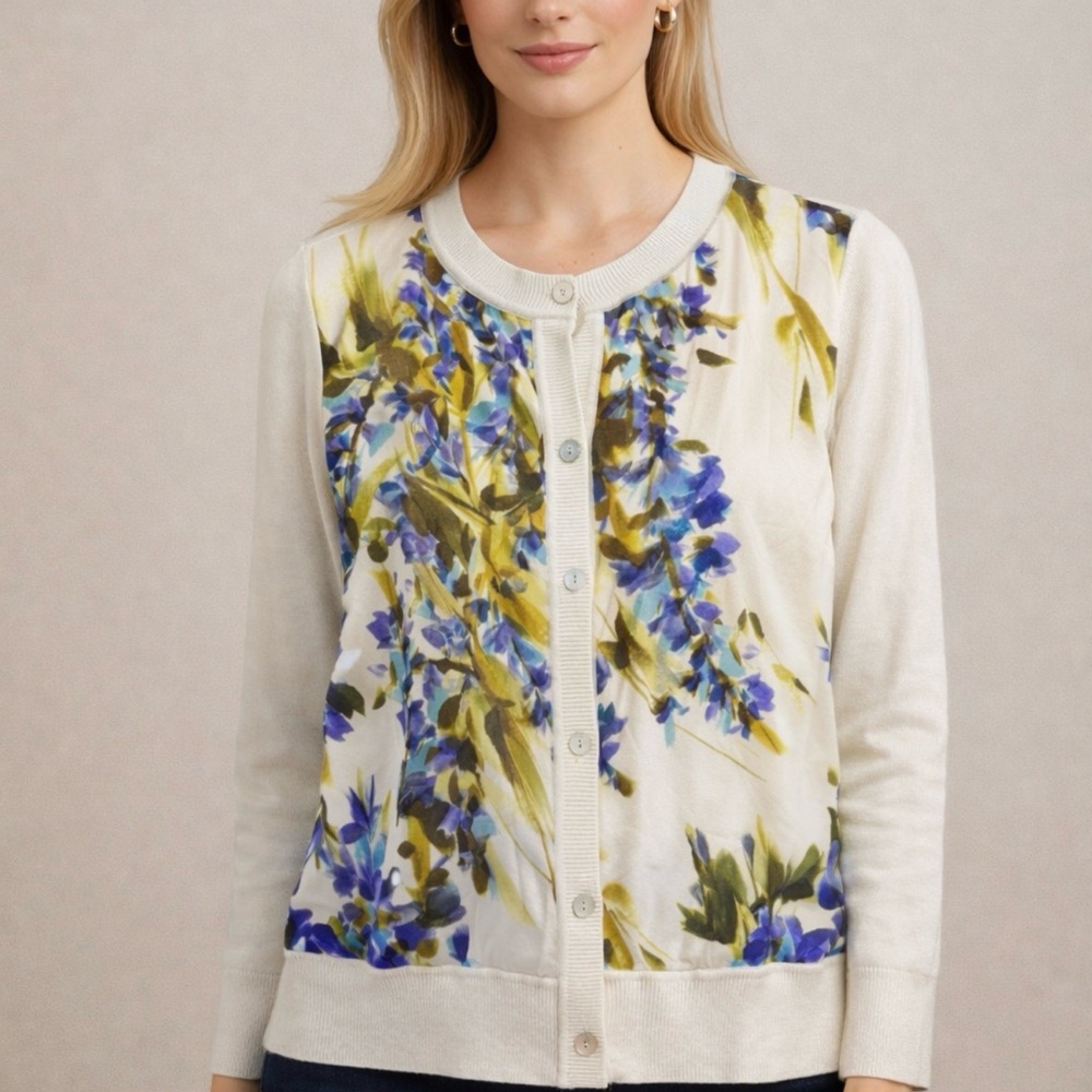 St. John Ivory Cardigan with Blue & Olive Floral Print